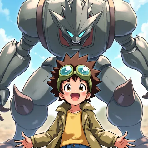 best quality, masterpiece, highres, detailed, digital illustration, DaisukeDigi, spiked afro hair, goggles on head, brown hair, brown eyes, yellow shirt, jacket, excited, 1boy, digimon , with  Metal Greymon (Virus)