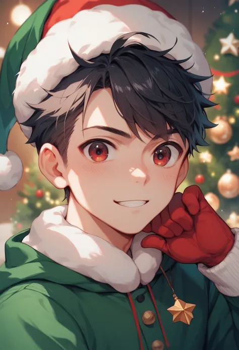 Cold winter cute boy .  anime characters.  dark hair.  Christmas color red and green outfit