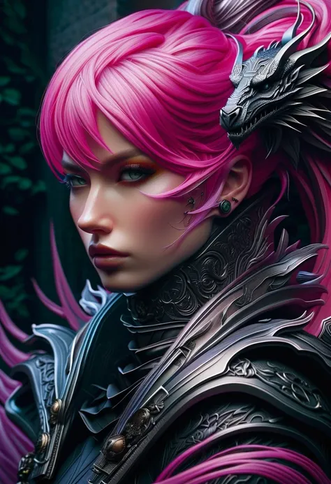 Cyberpunk l close up pink haired female with a black dragon next to her, portrait, clear sharp focus, featuring a dark and eerie atmosphere hyper realistic, 8K professional photography art, photorealistic masterpiece: by aaron horkey and jeremy mann: intri...