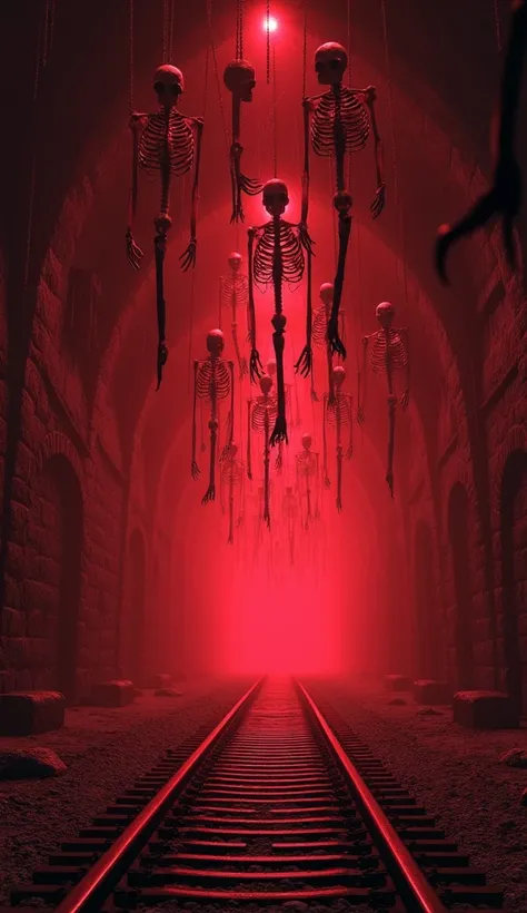 In cinematic 3D style ,HD image, realistic image, colourful image.
Action,There is a very old tunnel in which railway line is passing and red light is burning and hundreds big skeletons are hanging from the ceiling of the tunnel.all tunnel red light on