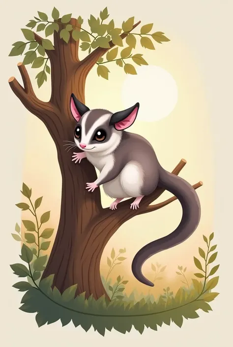  Paint vector illustration logo with vector paint image 2-dimensional sugar glider illustration , WITH 2D illustration of white ash colored sugar glider with long tail jumping on tree, beground brown wooden board behind it , with white circle on edge 