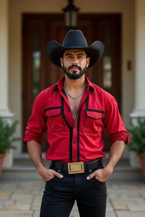  Create a handsome Mexican man in his 30s , white-skinned ,  with a short and tidy black beard .  His body is sturdy but muscular ,  showing strength and elegance .  He wears a black Texan-style denim hat ,  a red shirt with details in black and slightly u...