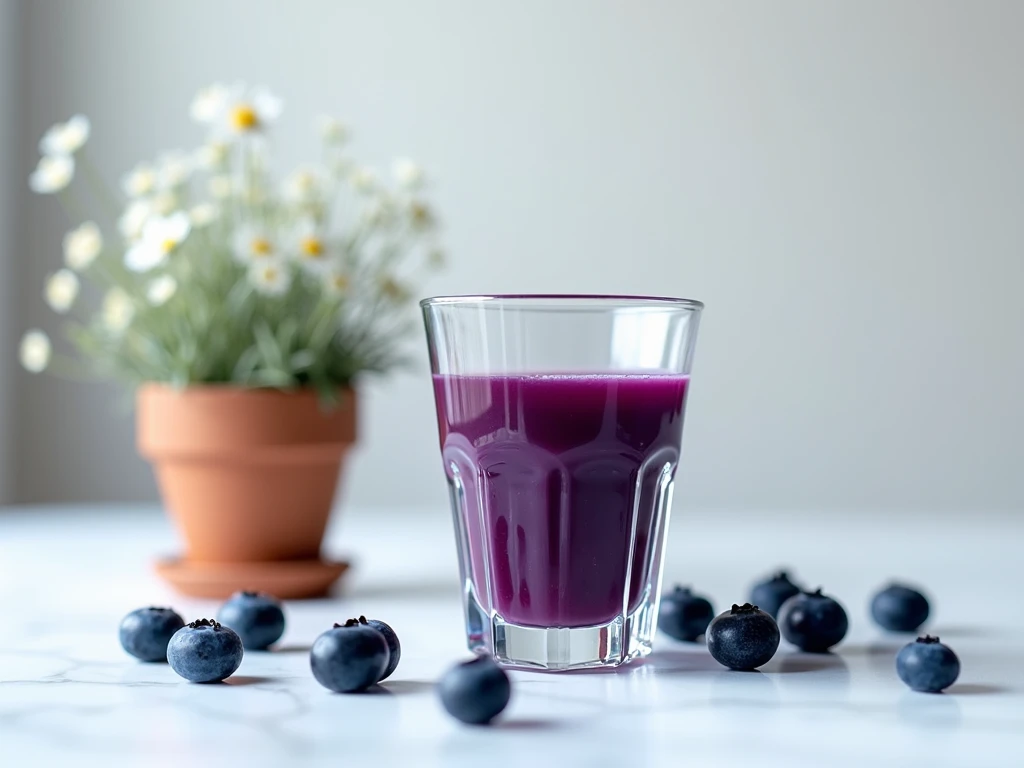  blueberry juice in a very beautiful cup .  this glass is on a white table . Next to the glass there are fresh blueberries .  next to it is a clay pot with very small white flowers.  REALISTIC IMAGE.