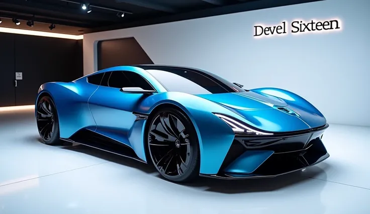 Devel Sixteen 2025 model in Blue shining colour and looking  most attractive in a showroom and back wall write devel sixteen 