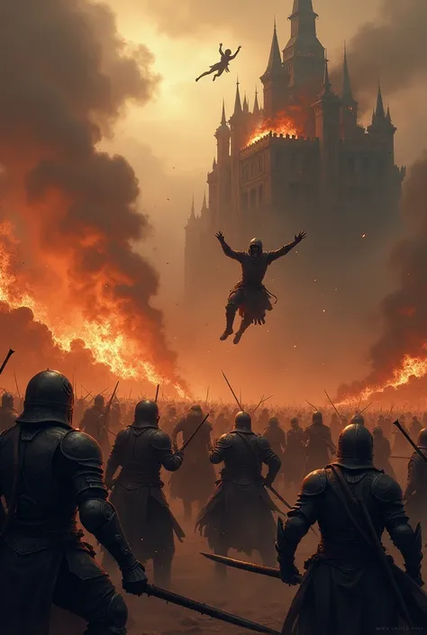 a chaotic and violent battle scene, seemingly set in a hellish or fantastical landscape. numerous figures clad in dark armor clash amidst smoke and flames.  A figure is shown seemingly falling or leaping from a burning structure, possibly a castle or fortr...