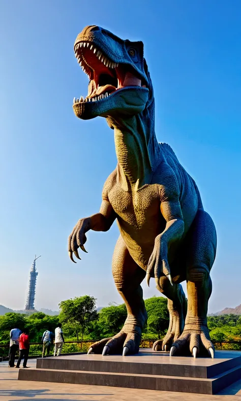 massive, hyper-realistic Tyrannosaurus rex standing on its hind legs, roaring fiercely atop the base of the Statue of Unity in India. The T-Rex has lifelike, scaly skin, sharp claws, and menacing teeth glistening in the sunlight as it lets out a thunderous...