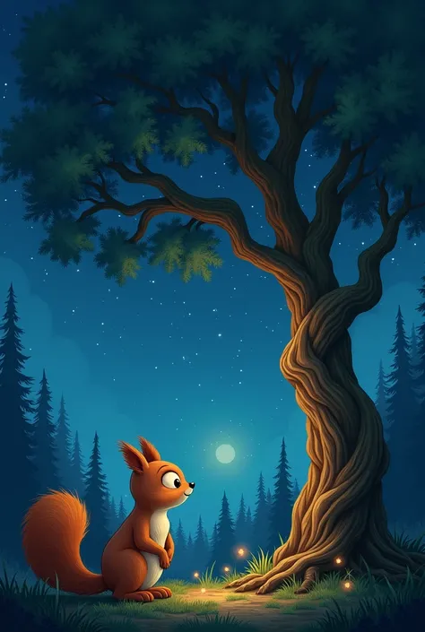 Squirrel talks to old tree at night