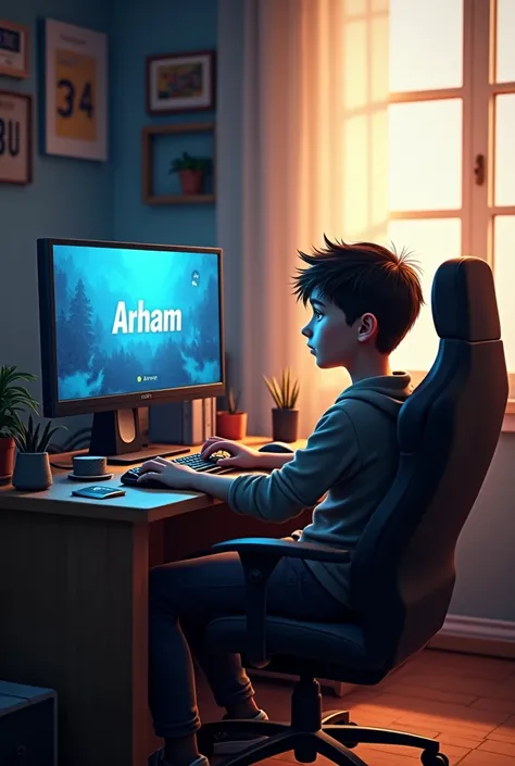 A boy sit on chair and using gaming computer and computer screen have name "Arham"