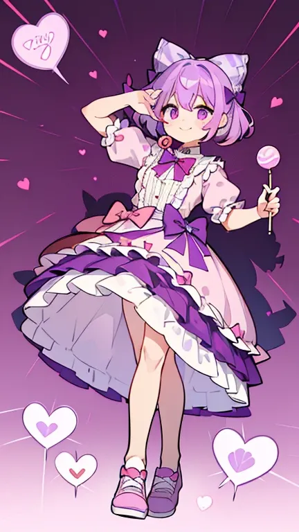 (( with light red bifurcated hair and purple eyes)),((Wearing a purple hair bow )),((Wearing a purple princess dress )),((Holding a purple lollipop )),((Wearing pink shoes with a heart pattern on her face )),Woman with heart pattern on her face , bangs , h...