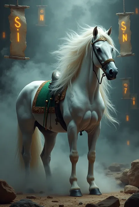 A Beautiful massive white horse mare with long deep purple hairs made by shattered reversed fractals lost in thoughts, with a green blanket on her back and ornamental gold saddle surrounded by swirling clouds of smoke and mist, illustrated in a style that ...