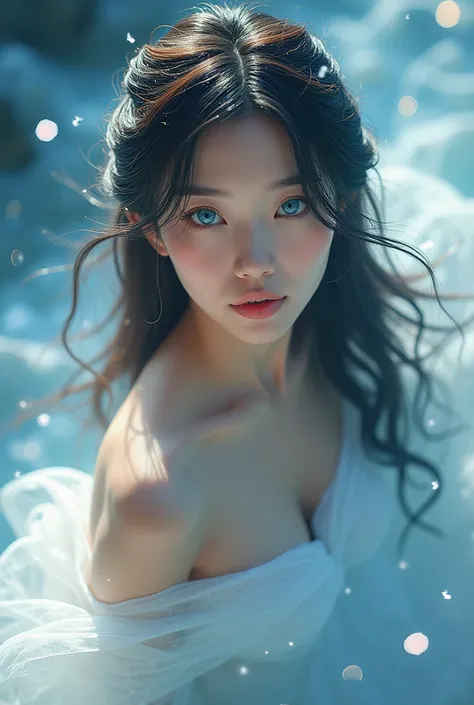 Beautiful white Asian woman, long hair, blue eyes, good figure, beautiful skin, beautiful, charming eyes, attracting aura, shining like a fairy in heaven that has never been seen before.