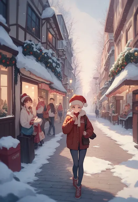 Winter streets.  A cute  dressed warmly. A peaceful night street with a Christmas atmosphere .  Anime Characters .