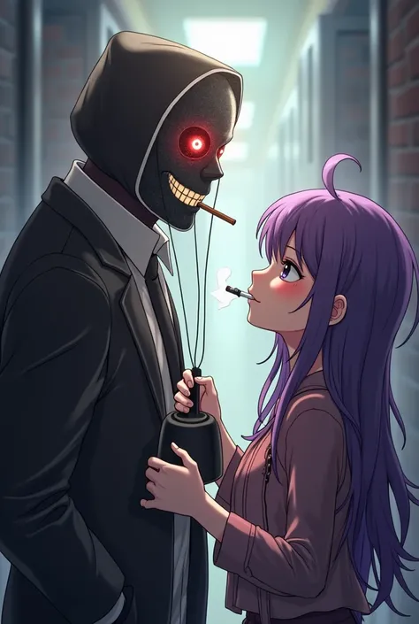 A man in a trickster cylinder wearing a mask all over his face with the image of a smile points his threads at a black man with a cigarette in his teeth and an adult purple-haired girl with a kettle in his hand Anime 