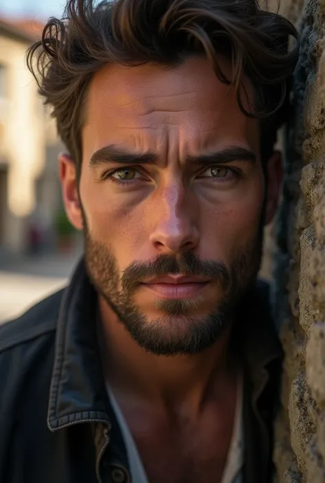 In a rural European town , A 20-year-old man,  close up of his face,  three-day beard ,  looks at the camera with an expression of desire