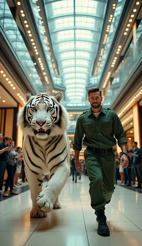 (photorealism:9.16), A handsome man with an athletic body ,  wearing a green army loreng uniform typical of military field service attire, walk confidently through the center of the mall atrium of a luxurious and magnificent shopping center.  Next to him w...