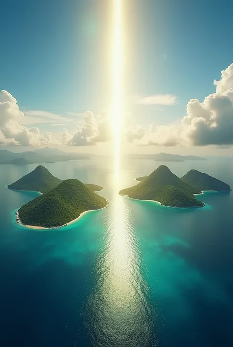  A panoramic view of the two islands of St . Kitts und Nevis,  connected by a shimmering ray of light. The ocean glitters in sunlight ,  while white clouds adorn the sky .

