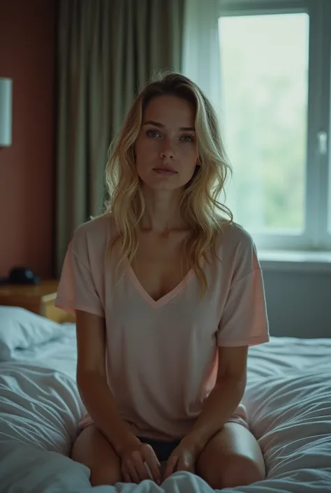 bed hotel room , low light,   windows glass ,Real photo  , many details,     white blonde woman   ,  36 years old ,  color t-shirt ,    wet hair,    Real photoista , low light , many details,    discreet smile ,  analog photo ,  Nikon 85mm 