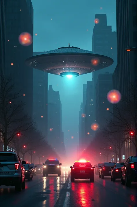 Sci Fi poster of UAP hoovering over city street with different colored orbs floating around with police cars and Military at night Realistic 