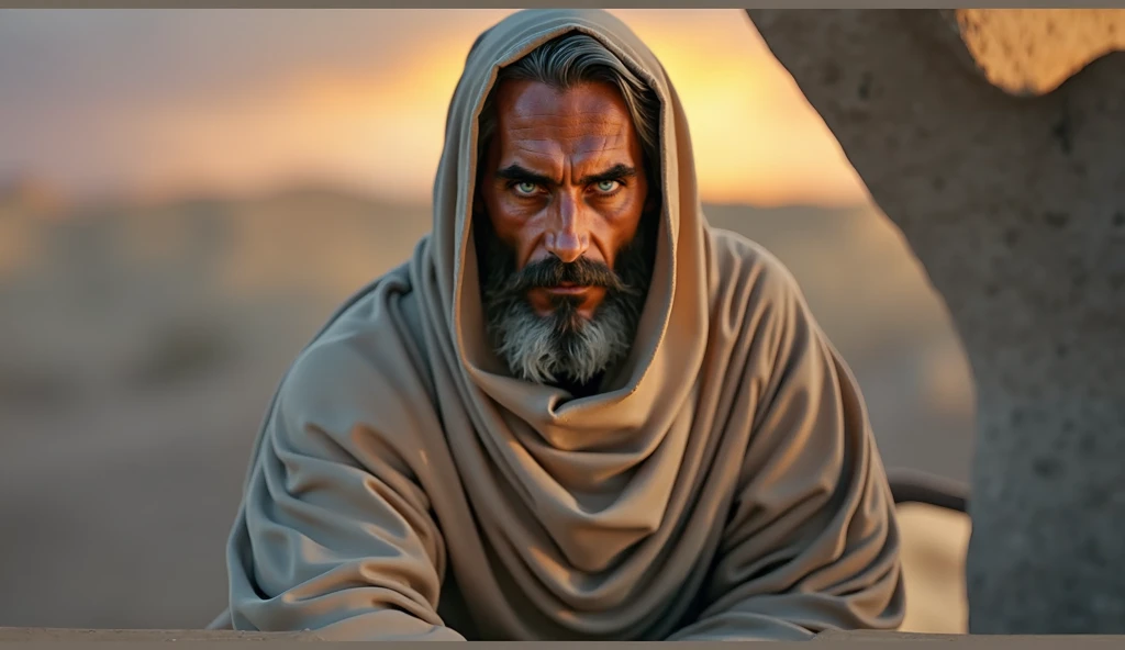 A hyper-realistic, emotional scene featuring a rugged middle-aged man with a strong, solemn expression, facing forward. He has deep lines on his weathered face, a long gray beard, and piercing eyes, and he is wearing a flowing beige hooded cloak with highl...