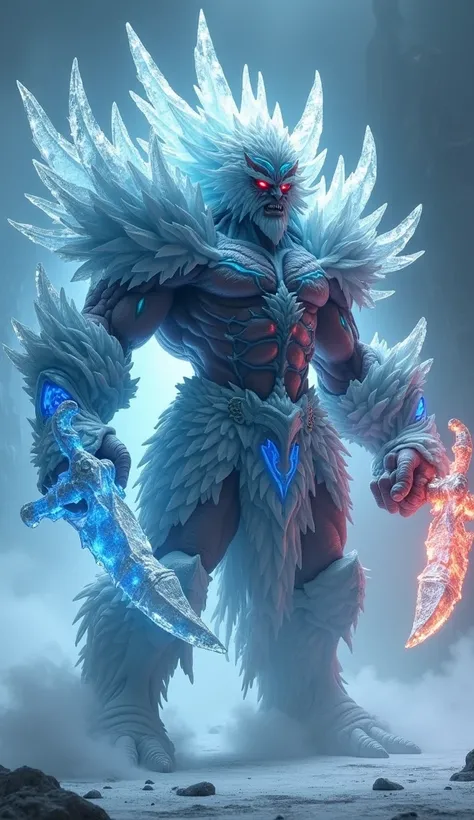 A hyper-realistic, cinematic depiction of Sub-Zero and Goro merging into a single, nightmarish hybrid—an unstoppable force of icy discipline and monstrous strength. The merging process is both violent and awe-inspiring: Sub-Zero’s cryomancer energy spirals...