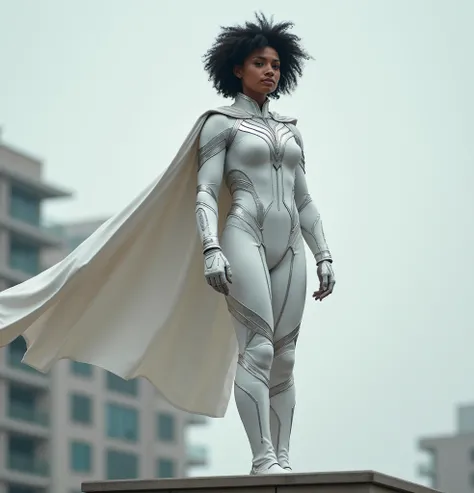 Muscular female Superhero with short black curly hair, pale grey eyes, thick muscular legs. Superhero wearing white Superhero suit, accented with silver symbols and patterns and has silver 3 stripes symbol on chest, has a white cape. Full body, Superhero s...