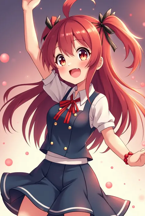 "Hello!  I would really like to ask please to create an anime image showing the character dancing cheerfully like an idol.  This character must have a cute expression and a passionate atmosphere . Thank you very much !"