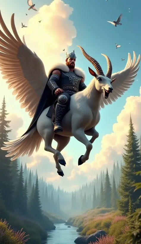 Here’s the revised prompt with the **Goat-Falcon Hybrid**:

---

**"Create a cinematic 3D animated video of a **giant man** with rugged features, broad shoulders, and glowing blue eyes, wearing a black Viking outfit detailed with silver Nordic embroidery, ...