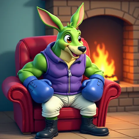 A green muscular furry kangaroo jock in black boots , in white pants,  in a purple zippered sleeveless sweater,  wearing blue boxing gloves sits in a red chair by the fireplace in a cartoon style 