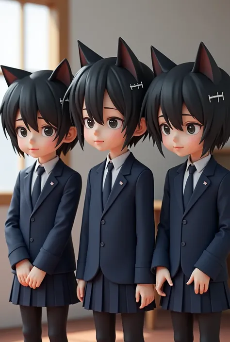 Three boys in their early teens、timid、Japanese、Black Hair、Black cat ears、hairpin、Bob、 shortcuts、Navy blue suit、skirt、Black tights、School、3d