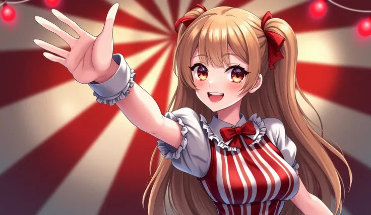 1 mischievous looking girl, anime style, host of a carnival, high res, reaching out toward viewer as if inviting viewer to come in, not too sexy, striped circus theme clothing, girl positioned on the right 