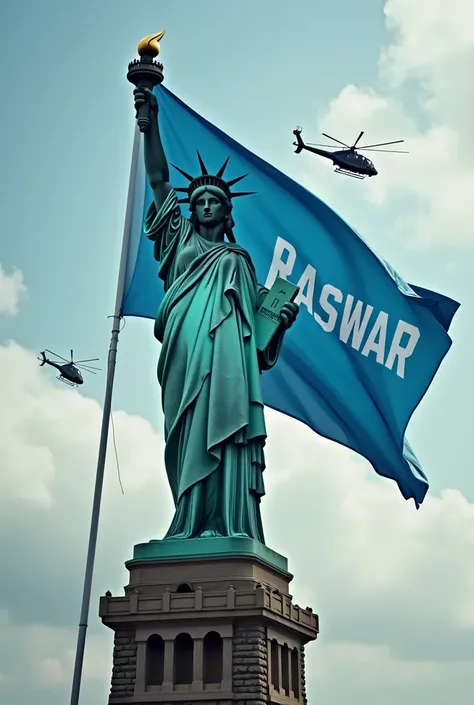 Image réaliste de la statue de la liberté USA tenant un grand drapeau bleue marqué "RASWAR" In uppercase letters. au fonds on voit deux hélicoptères qui passent 