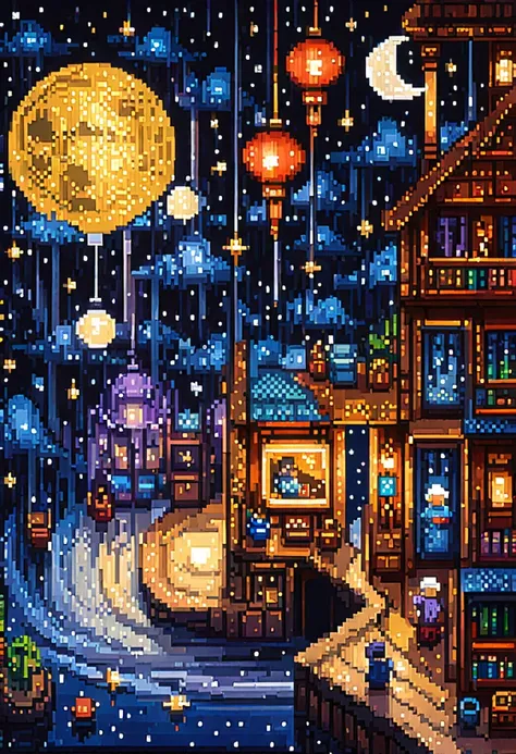 Pixel Art , Many philosophers hold up a purse like stars around the moon, and on the purse is written AIE (masterpiece, best quality , Perfect composition, Ultra HD, fine details , major, Official Art , Representative Works:1.3)
