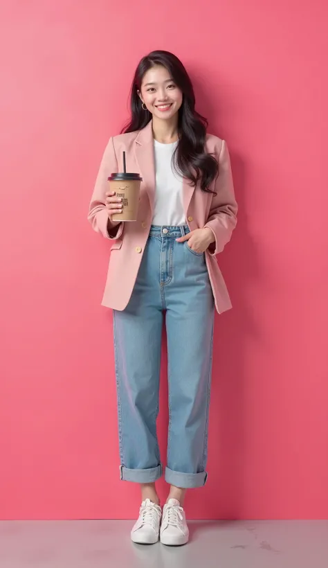 amateur korean girl standing with coffee to go, pink background, ((fullbody)), high detailed, beauty smile, front view