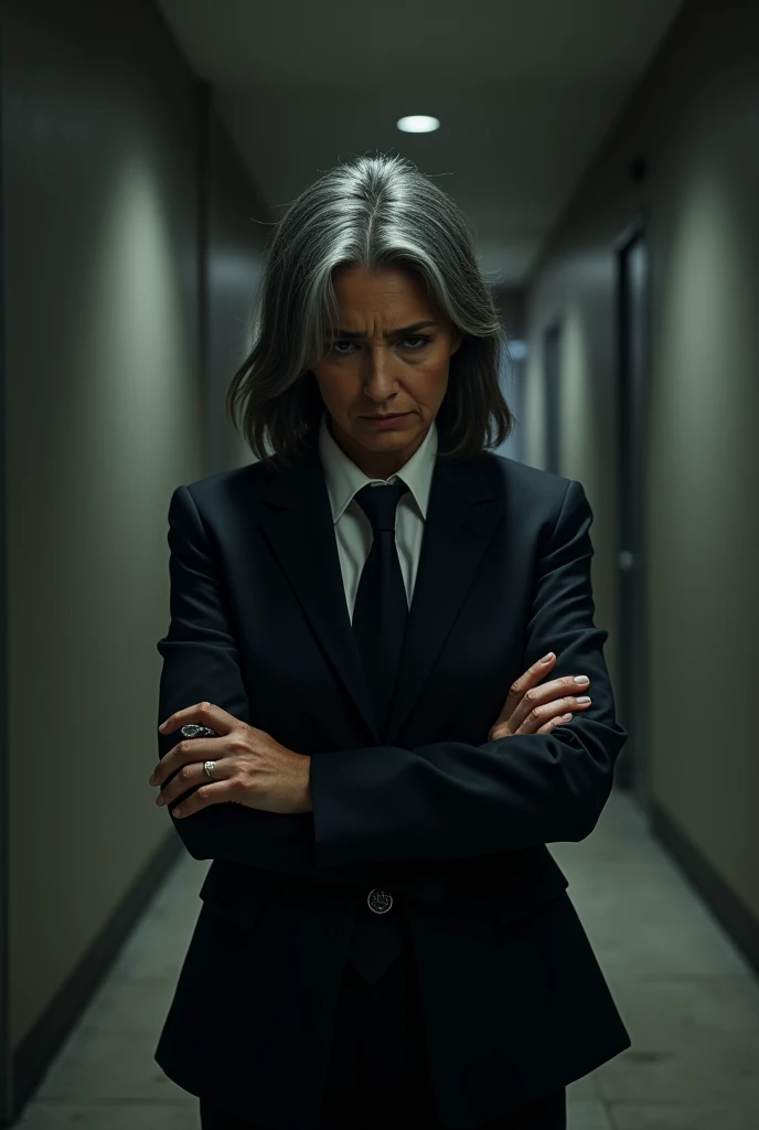 A 55-year-old latina woman with graying hair, short and neat, and brown eyes, standing alone in a dark hallway with a worried and conflicted expression. He is wearing a dark suit with a black tie, his posture stiff as if he is thinking deeply about the con...