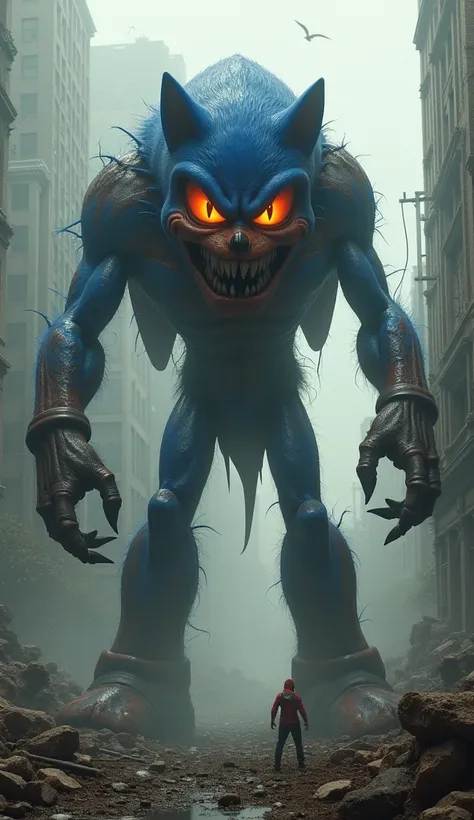  now create an image of the fusion between the characters Sonic and the character Mario,  make a very sinister and scary fusion , Background scenario a destroyed city 