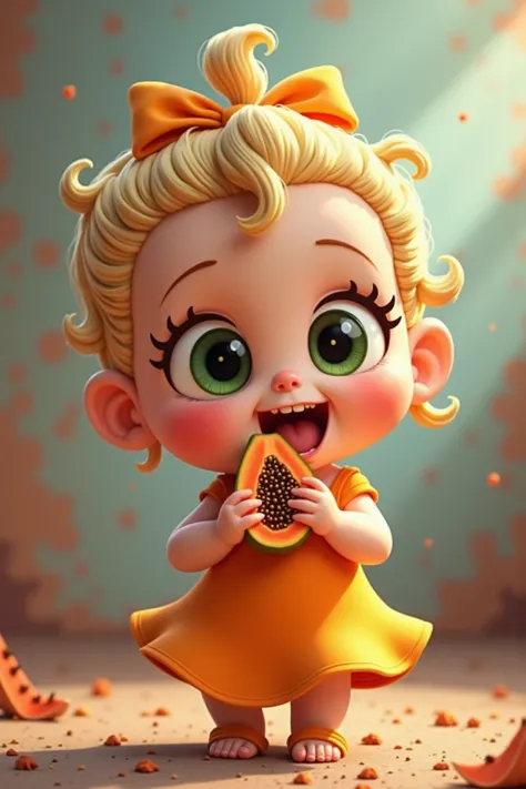 Theres a graffiti ,  emphasis on graffiti style in it , quite funny .  Create a Pixar-style 3D character of a  baby  ,  happy expression ,  as if in a state of excitement or EUPHORIC , chaotic . The baby is dressed in a cute orange dress and an adorable he...