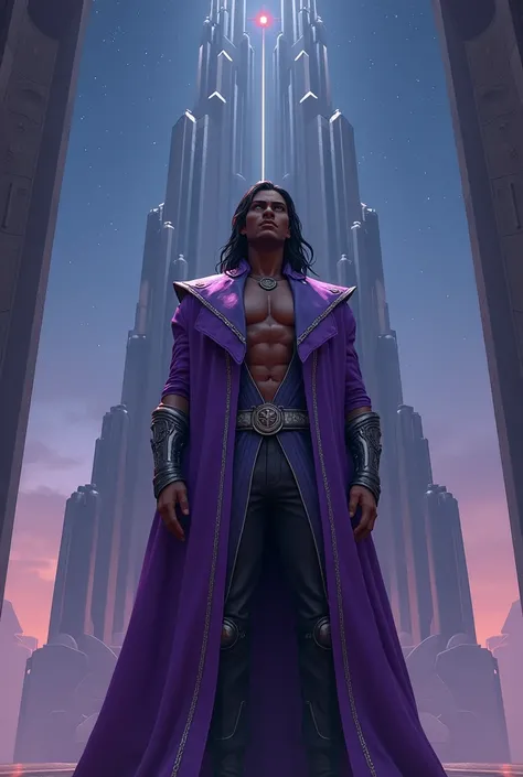 Lean Man with v shape face with grown hair and brown skin wore violet and silver long royal coat standing heroic ingenious futuristic building behind him in starry night 
Look like game animation 