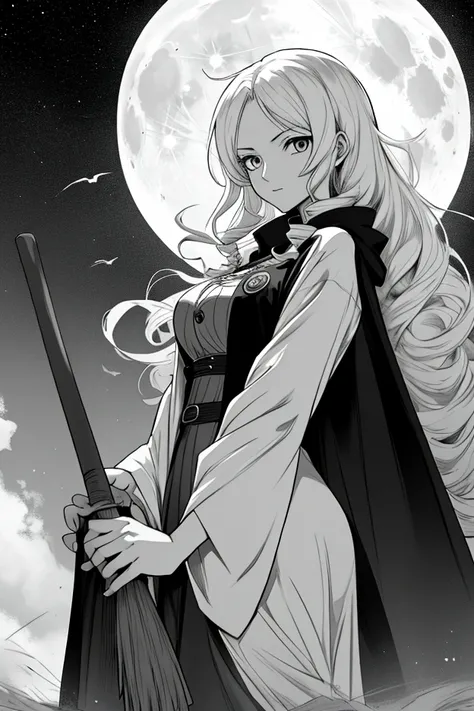 in black and white Make me a woman in anime one piece Long curly hair Make her fly on a broomstick on a full moon night, an owl by her side, she is wearing a dress and a cape over it, make her feel the breeze of the wind