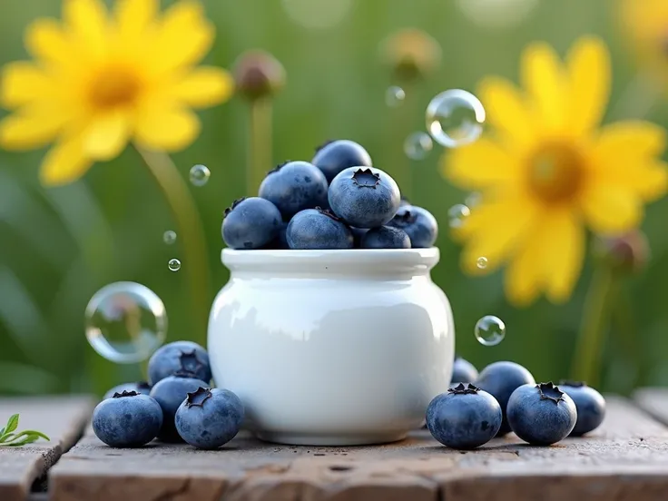 a white jar filled with fresh blueberries .  on a rustic outdoor wooden table . Soap bubbles are falling on the jar .  in the background of the image is planted with yellow flowers.  REALISTIC IMAGE.