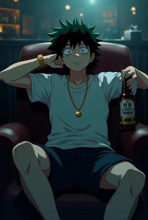 in a bar, deku, an anime character called My Hero Academia , Is drunk ,Deku is wearing a t-shirt and shorts , gold watch and necklace he has a bottle of beer in his hand because he slept right after drinking it, he lies down in one chair  and sleeps