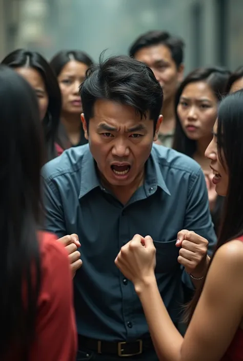 Angry Korean man surrounded by south asian women