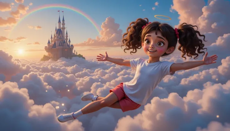 Style: Inspired by Disney-Pixar style films, characters and promotional paintings.  

Characteristics of the girl: An  girl, fair-skinned, mixed race, daughter of a black father and white mother, curly hair tied in two ponytails with red ribbons. She wears...