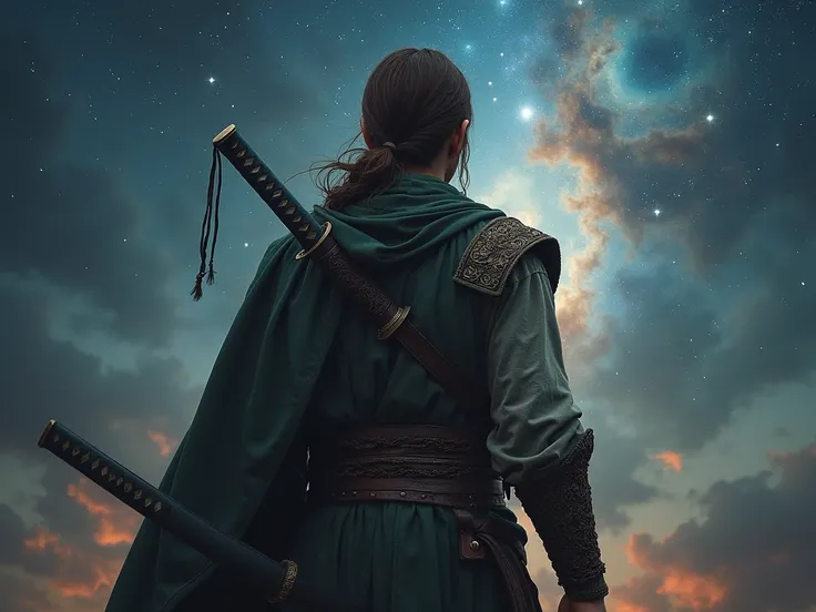 man. 20 years. wearing Celtic garments .  Standing with his back before the immensity of a galaxy.  with brown hair, shoulder length; with a tuft of this ,  braided up to chest height.  With a katana clutched in his left hand .