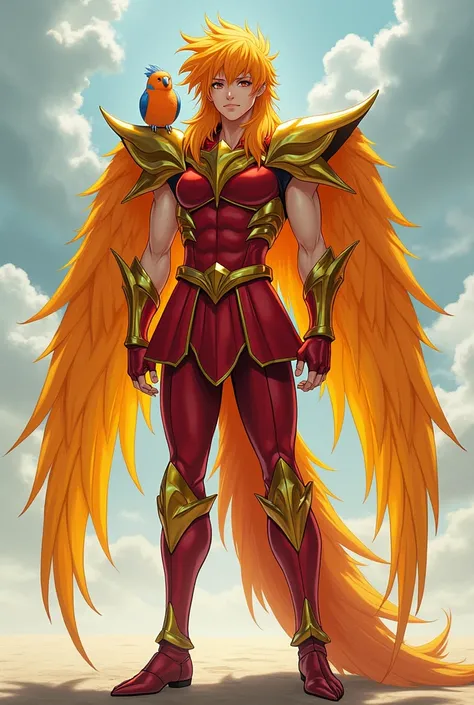 Phoenix no Ikki by Saint Seiya 　 guinea pig parakeet on shoulder super realistic like a movie, ( full body),  standing up to the toes little character 