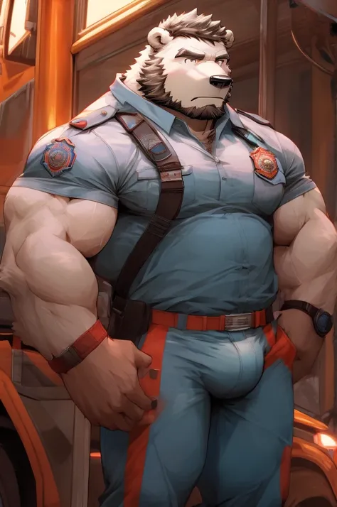 Furry, polar bear, man, muscular, fit, short beard, short hair, american firefighter, firefighter uniform, firefighter hat, pants bulge, holding water hose, looking serious