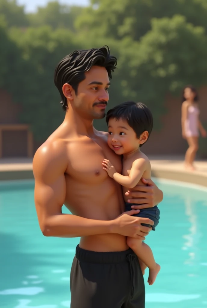 Peru swimming pool pool there is a brown father with a hairdo a young brown father without any type of beard a father with light brown skin in black shorts carries his son A small government In his completely bare arms