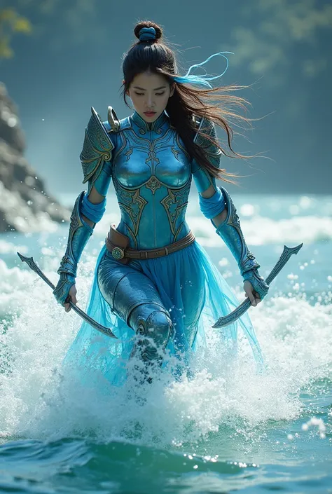  Taiwanese Beauty Warrior ， Combining Liquid Metal Elements ，Wearing Armor ， Carrying Futuristic Weapon Equipment， Knocking out of the water ， Watercolor Splash ， Refreshing from the water 。 Background full of technology elements 。 Super HD Movie Special E...