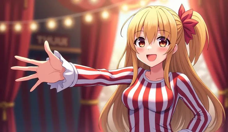 1 mischievous looking girl, anime style, host of a carnival, high res, reaching out toward viewer as if inviting viewer to come in, not too sexy, striped circus theme clothing, girl positioned on the right 