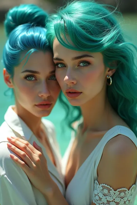 Two beautiful females, one blue hair and other girl green color hair, both with the same color hair style 