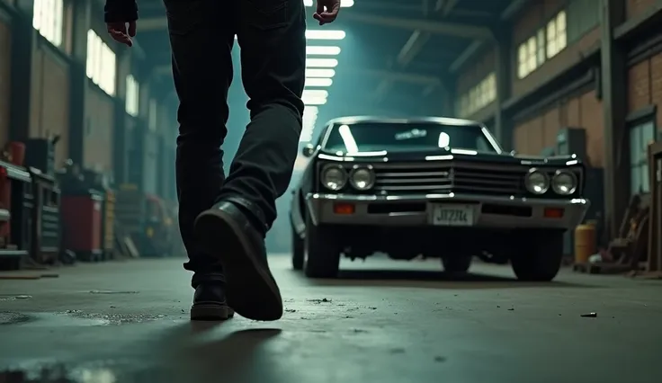 **English Cinematic Prompt:**  
The shot opens with an **ultra-tight close-up** of a man’s black biker boots striking the concrete garage floor with purpose, each step echoing subtly in the dimly lit space. The camera follows his deliberate movements with ...